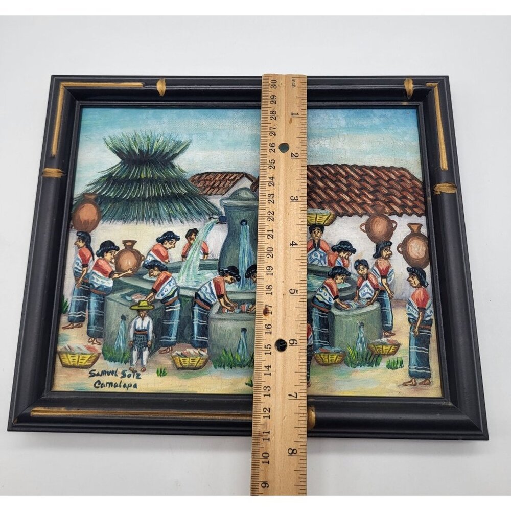 Samuel Sotz Oil on Canvas Painting Comalapa Wash Day Culture Folk Art Guatamalan - Picture 8 of 10